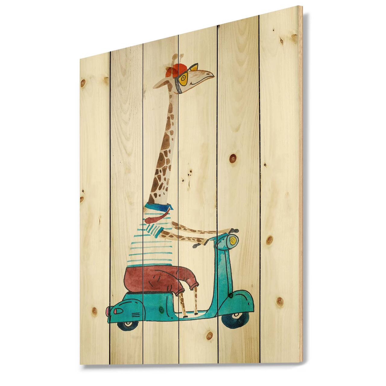 Designart - Giraffe Dressed Up Wearing Helmet &#x26; Riding Scooter - Children&#x27;s Art Print on Natural Pine Wood